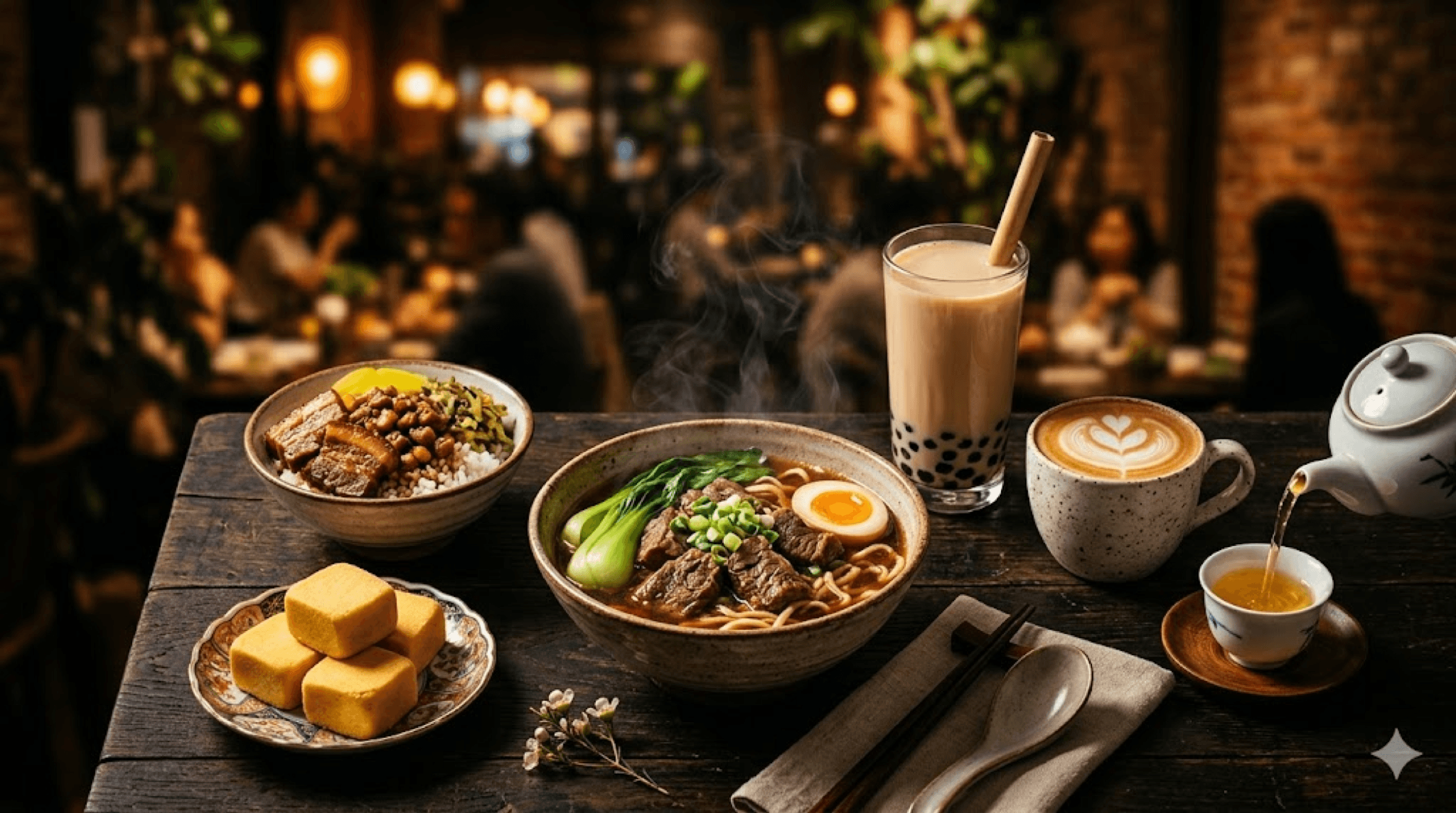 TaiwanWay 臺灣味 — Taiwanese café table with beef noodle soup, bubble tea, sea-salt caramel latte, Alishan oolong tea, braised pork rice and pineapple cakes in Middletown, NY