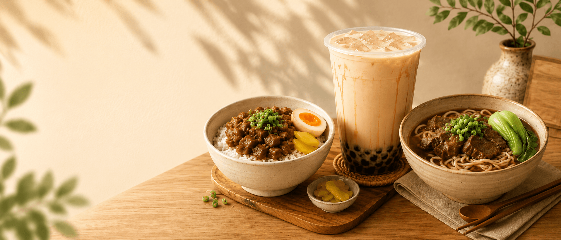 TaiwanWay signatures — braised pork rice, bubble tea and beef noodle soup on a wood table